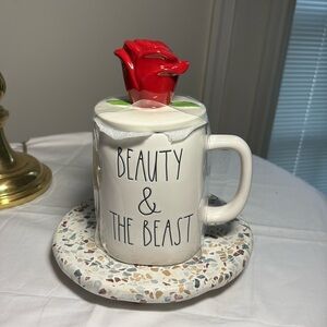 Rae Dunn Beauty and the Beast coffee/tea mug with rose topper